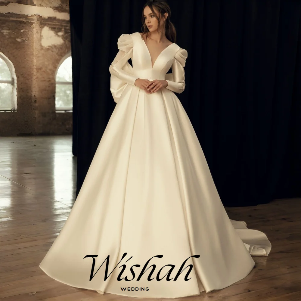 Wishah Customized Weeding Dress Elegant Deep V-neck Long Sleeve Backless Bow Pleated A-line Sheath Long Dress vestido de novia
