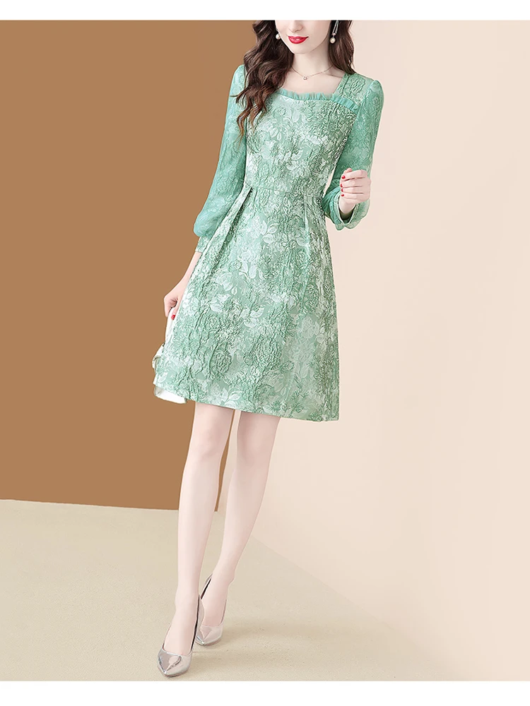 EVNISI-Robe Brodée Imprimée pour Femme, Tenue Éducative, à Volants, Col Carré, Taille Verte, Florale, Élégante, Bureau, Hiver