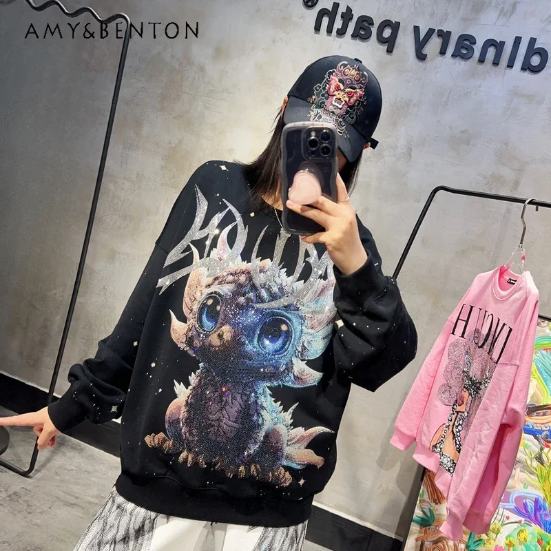 

Autumn Cartoon Dragon Heavy Industry Diamond Drills Loose Ink Splashing Design Sense Men's And Women's Street Style Sweatshirts