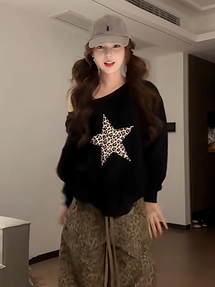 plus Size Women's Bla Asymmetrical oulder Sweatirt Spring Early Star Print Loose Slimming Micro Fat oulder Exposure Top