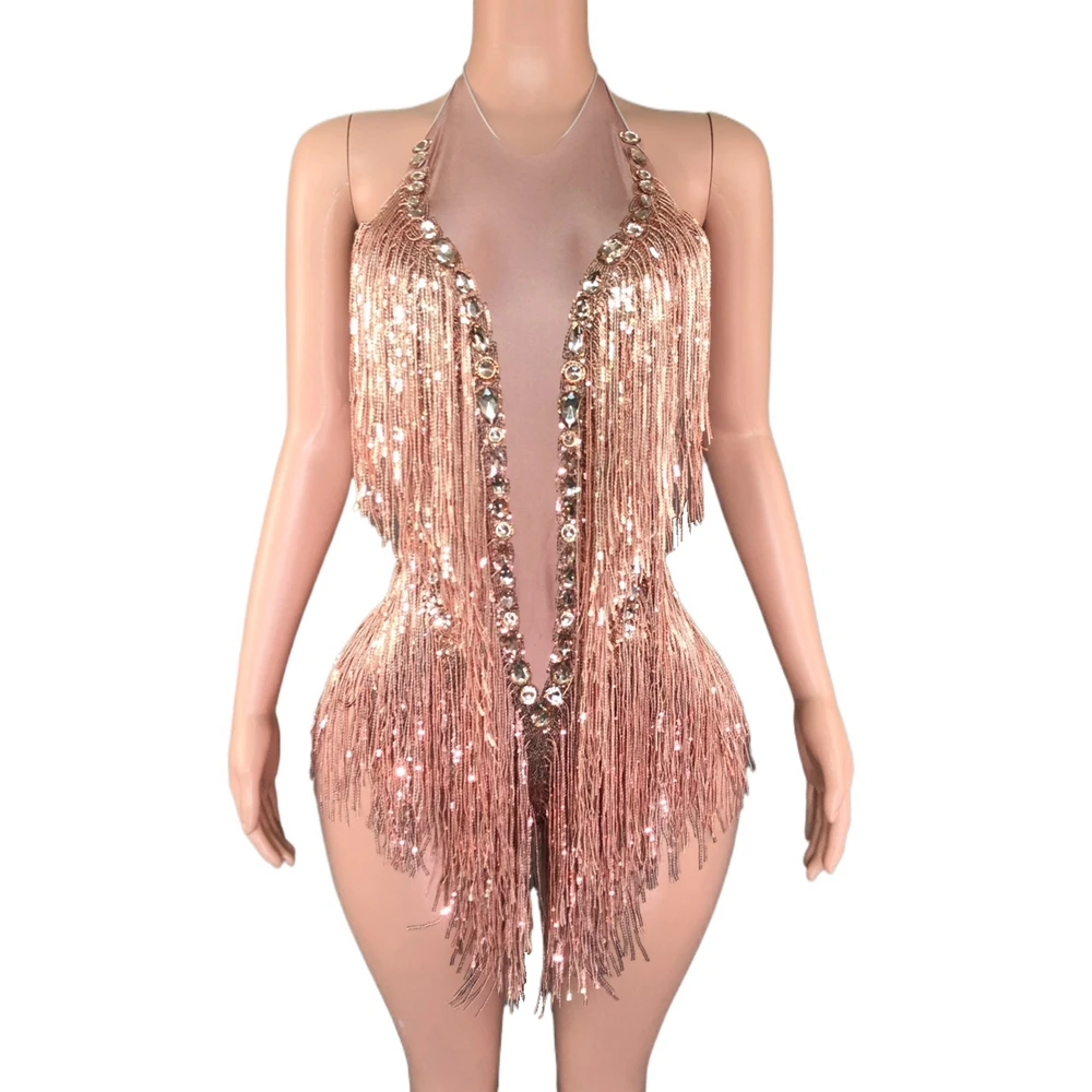 Leotardo Sexy con flecos y lentejuelas brillantes con diamantes de imitación, traje de baile de una pieza, ropa de escenario para espectáculo de bailarina