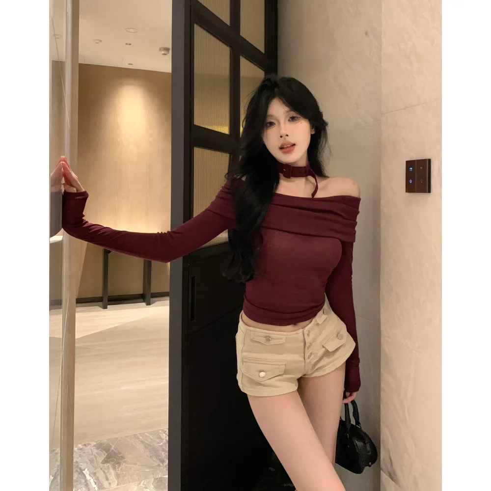 Spicy Girl Style One Shoulder Dark Purple Long Sleeved T-shirt for Women with Collar Slim Fit and Sexy Top