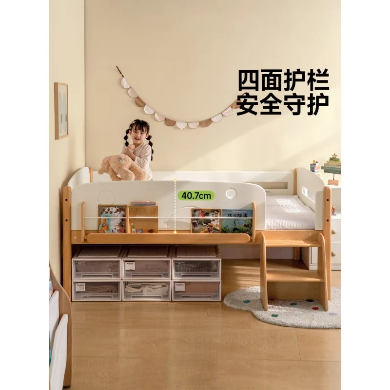 

Solid Wood Children's Half-height Bed Boy and Girl Single Bed with Bookshelf Adult Multi-function Storage Bed
