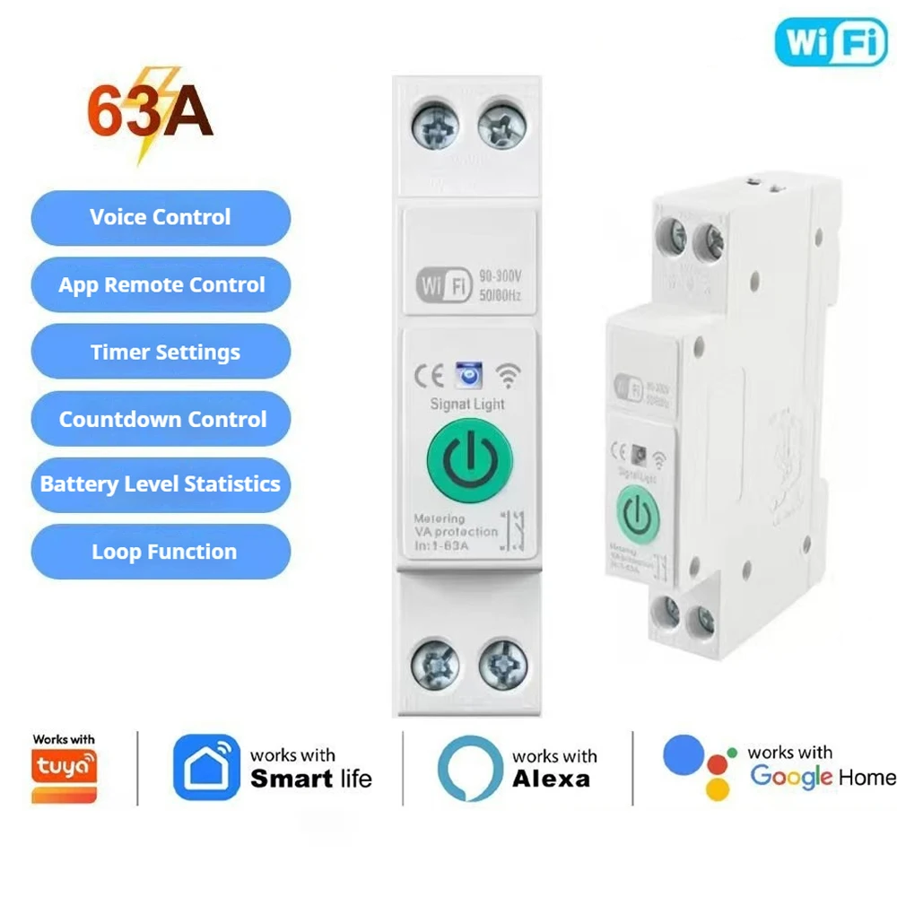 Tuya WiFi/Zigbee Smart Circuit Breaker 1‑63A Energy Monitoring Timing Countdown Loop Switch Overvoltage High Temp Protection