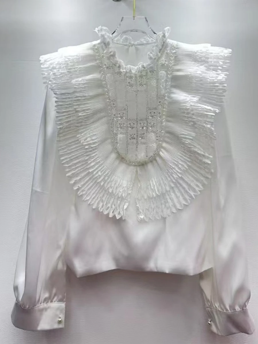 GALCAUR solide épissé Fufflesl chemise française femme col rond manches longues ample élégant littéraire femmes chemises automne mode nouveau