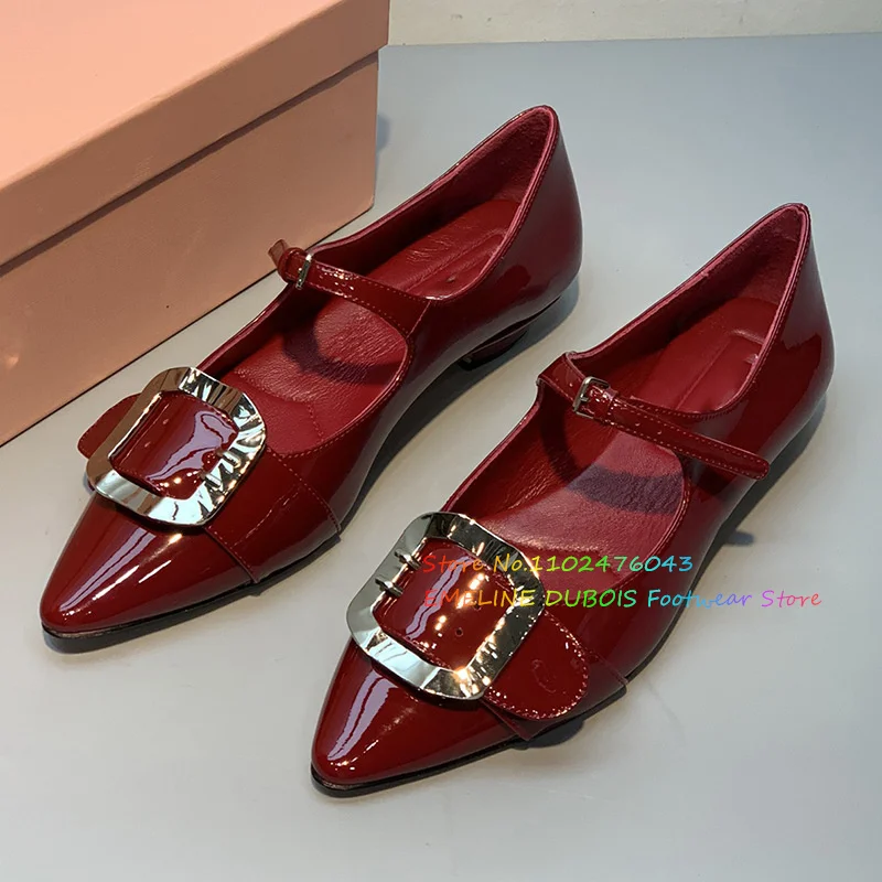 Pointed Single Shoe Big Silver Square Button Low Heel Mary Jane Single Shoes Patent Leather Shallow Buckle Strap Trendy Shoes