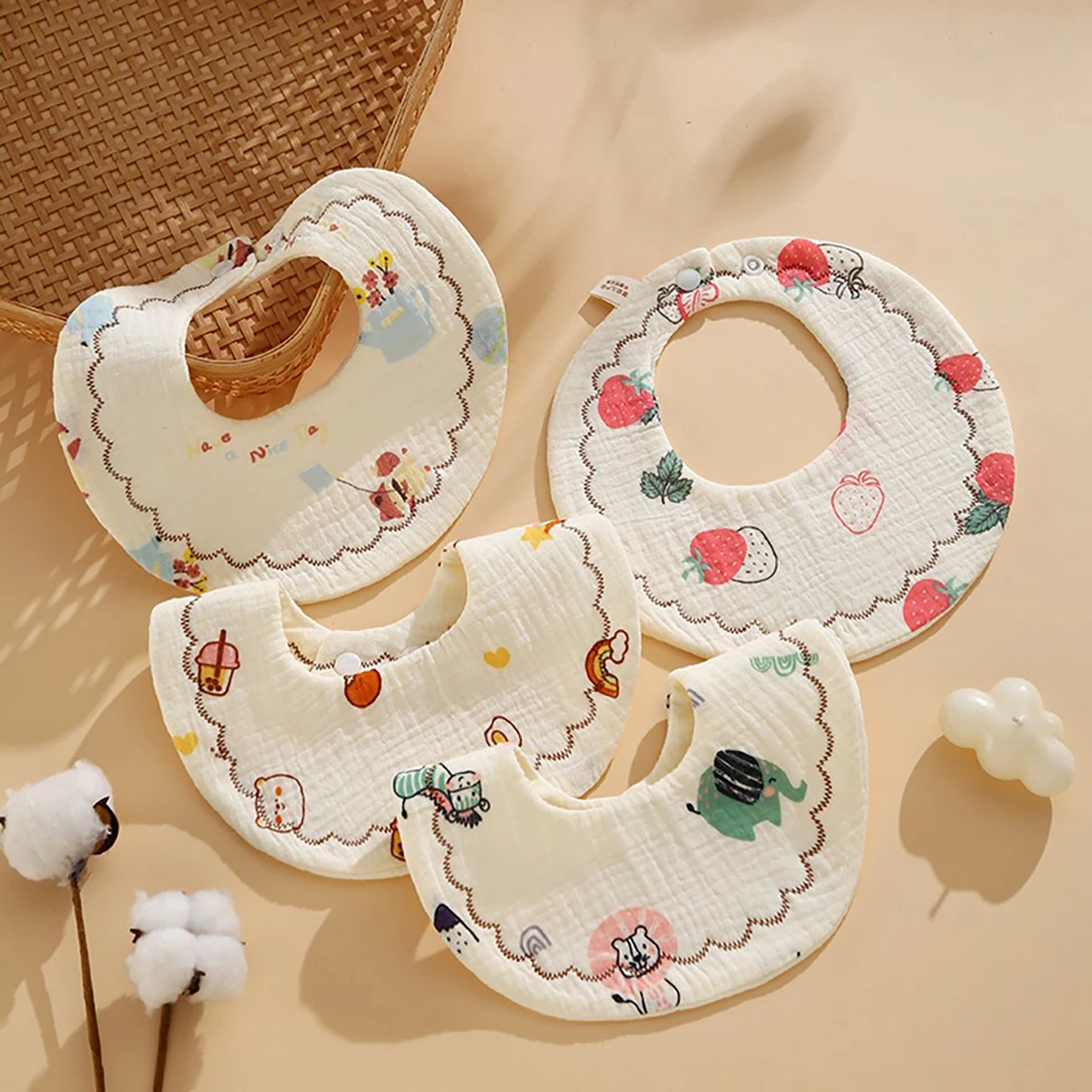 

0-1Year Baby Bib Cute Print Infant Feeding Burp Cloths Boys Girls Convenient Snap-On Saliva Towel Soft Cotton Newborn Scarf Bibs