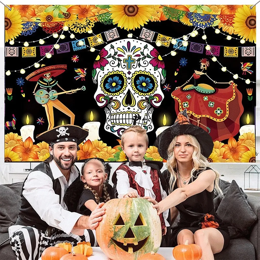 Mexico Day Of The Dead Theme Mexican Fiesta Backdrop Skull Candle Dancer Dia De Los Muertos Cactus Guitar Cactus Party Props