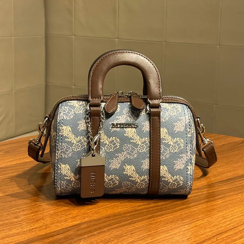 Vintage Horse Carriage Print Boston Bag, Dusty Blue Monogram Mini Pillow Satchel with Charm, Top Handle Crossbody Shoulder Purse