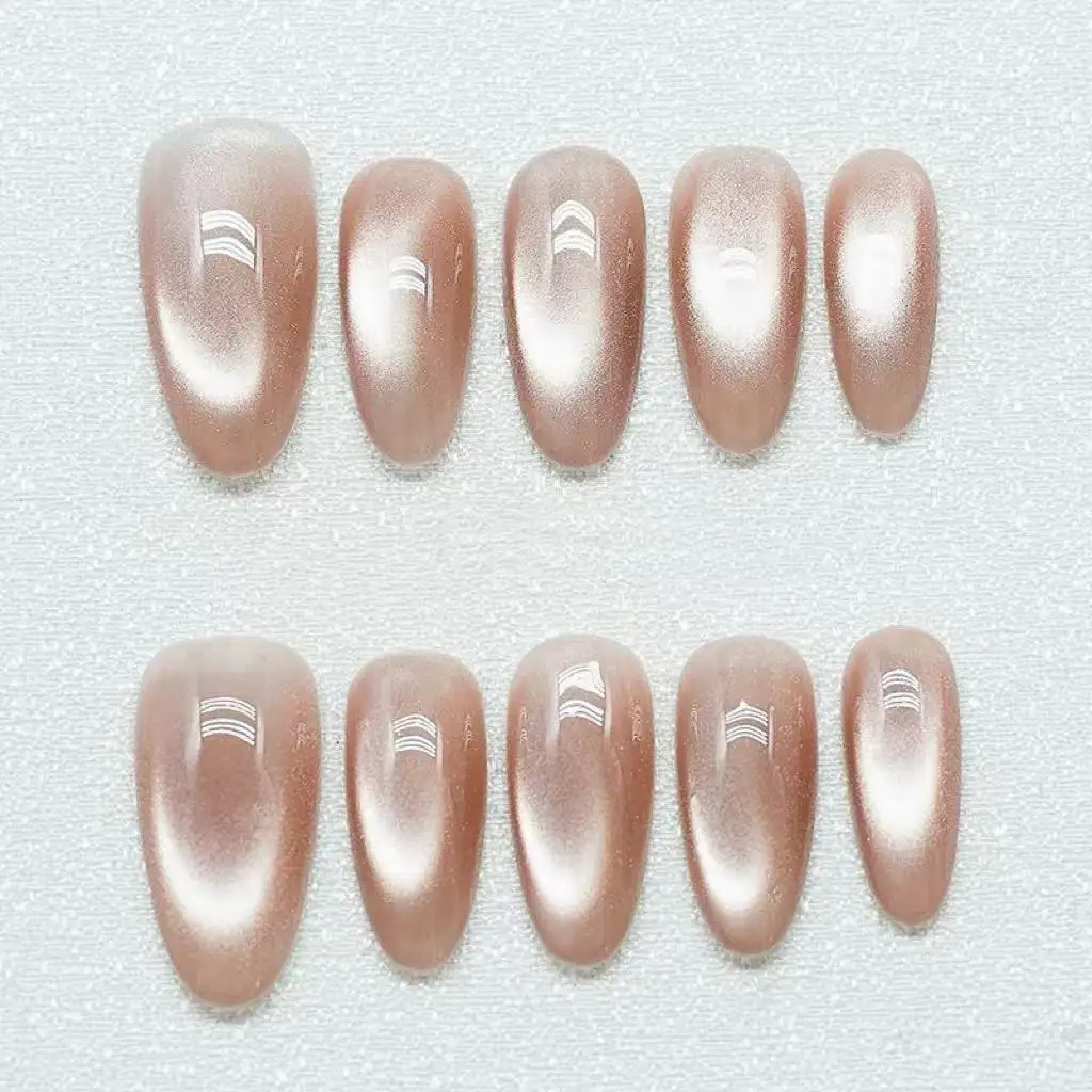 

French cute handmade nude Maillard medium-long cat eye nail art, reusable high-quality nail art