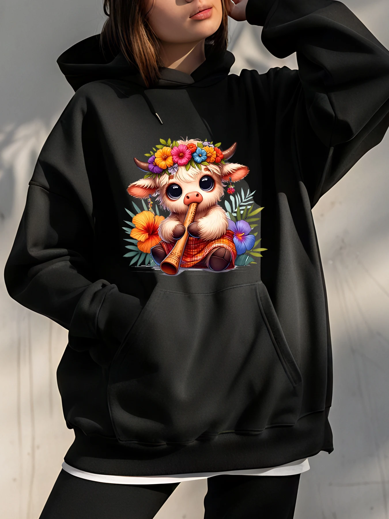 Милая корова с цветами и флейтой, дизайн толстовки с капюшоном для женщин, повседневная одежда, уличный стиль с художественным принтом
