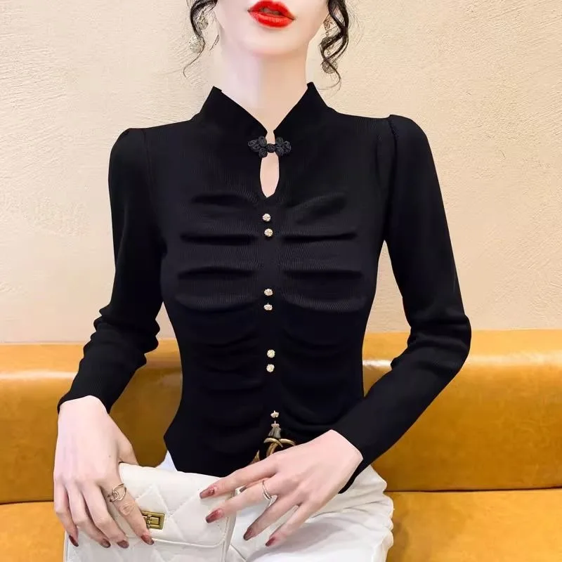 New Pleated Sweater and Sweater for Women Wearing Fashionable Stand Collar and Long Sleeves for Inner Slim Body