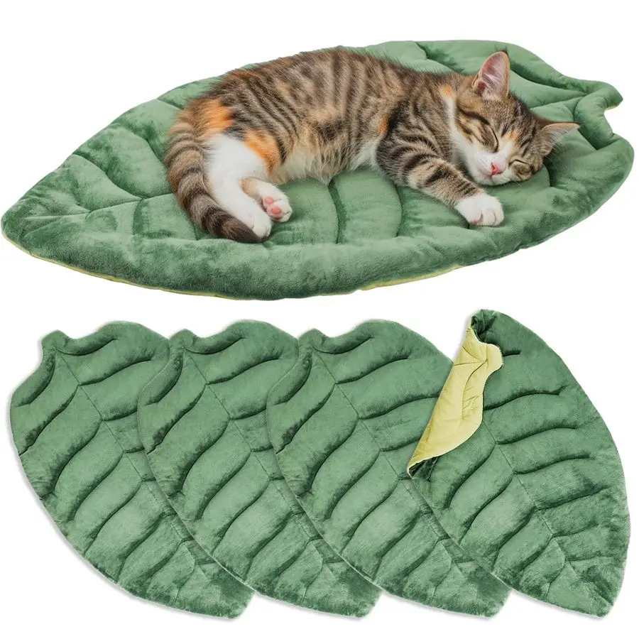 

4 Pcs Leaf Shaped Green Self Warming Cat Bed Mat 28x 16 Double Sided Velvet Washable Self Heating Pet Mat for Cats and Small Med