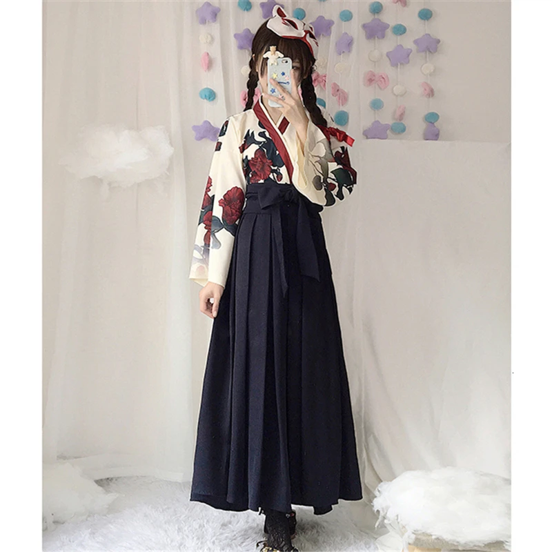 Girls Japanese Style Retro Kimono Yukata Long Sleeve Party Dress Woman Floral Samurai Tops Robes Bow Belt Skirt Haori Outfit Set