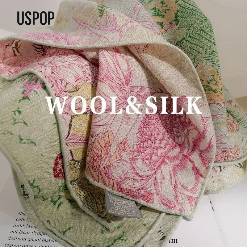 USPOP Women's 65×65 cm Herringbone Silk Wool Scarf – Lightweight, Warm, Multi-Functional, All-Season