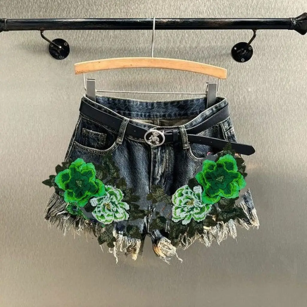 

Women's Denim Shorts 2024 Embroidered Green Peony Loose Straight Slimming Wide Leg Hot Pants Casual Summer Natural Waist