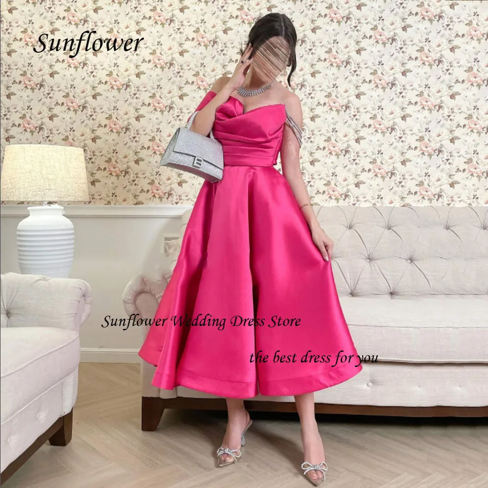 Sunflower Off the Shoulder Evening Dress 2023 Slim Backless Satin Pleat A-LINE Prom dress Ankle-Length Party Dress