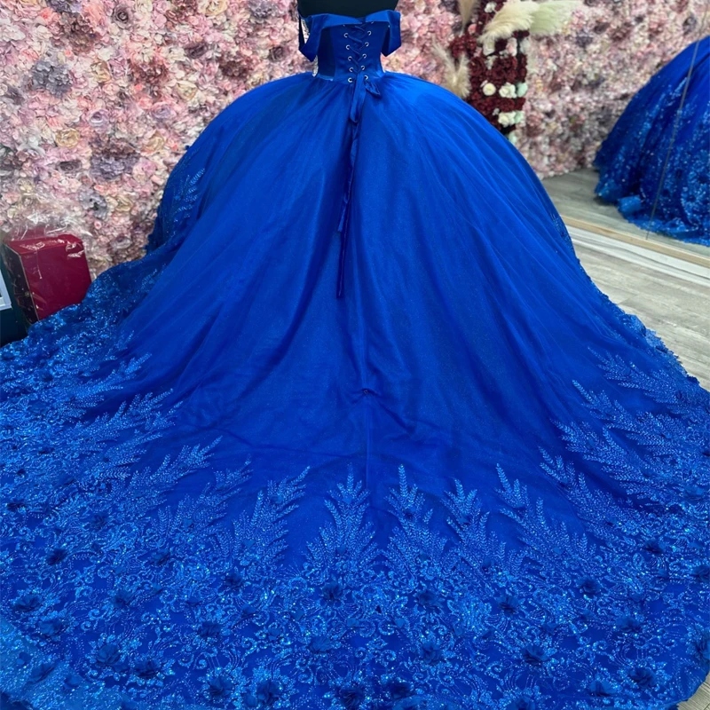 

Royal Blue Off The Shoulder Quincenara Dress Sparkly Beading Sequin Tull Quinceañera XV Sweet 16 Ball Gown Vestidos De 15 Años