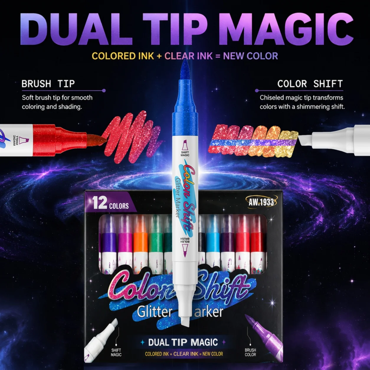 12 Colors Color Shift Markers, Dual Soft  Chisel Tips, Vivid Gradient, Glass DIY Painting, Back to School Christmas Art Supplies