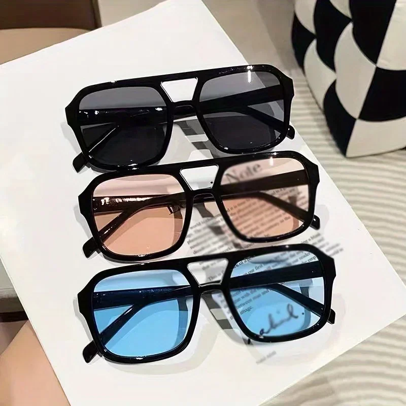 

2pcs-Vintage Square Sunglasses for Women Men Thick Frame Double Bridges Eyewear Female Chic Polygon Sun Glasses Shades