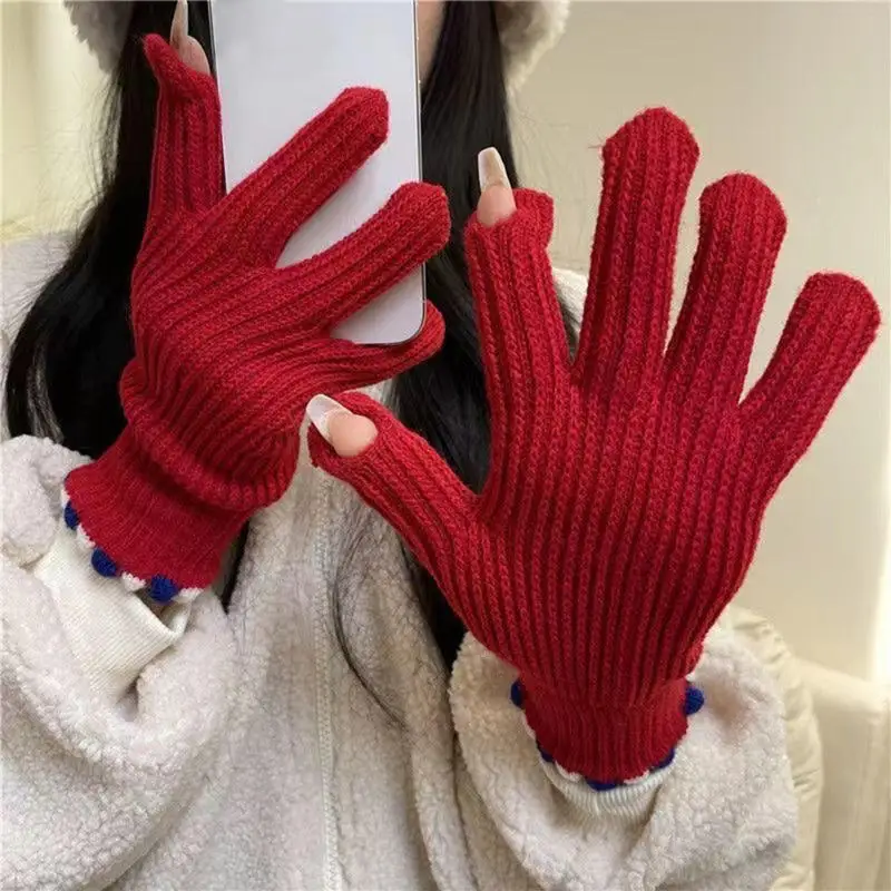 Knitted Woolen Gloves Female Winter Keep Warm Mittens Touch Screen Riding Split Finger Thick Gloves Full Finger Woolen Gloves