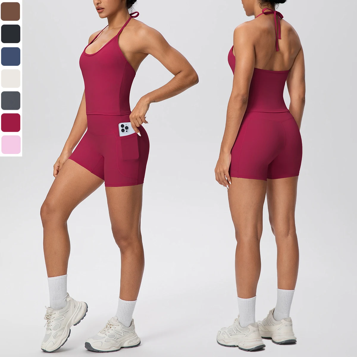 2PCS Yoga Vest Woman Gym Sports Yoga Suit Thin Shoulder Straps Vest with Chest Pad Quick-Dry Sport Shorts With Pockets Yoga Set