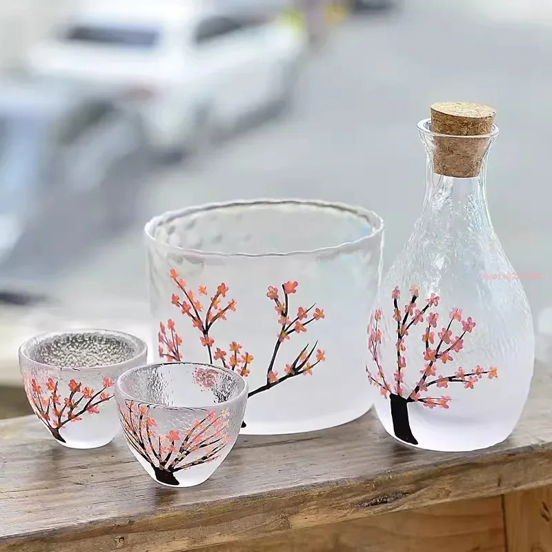 

Cherry Blossom Pattern Glass Wine Glass Set Japanese-style One Pot Four Cups Warm Wine Sake Pot Home Vodka Spirit Glass Set