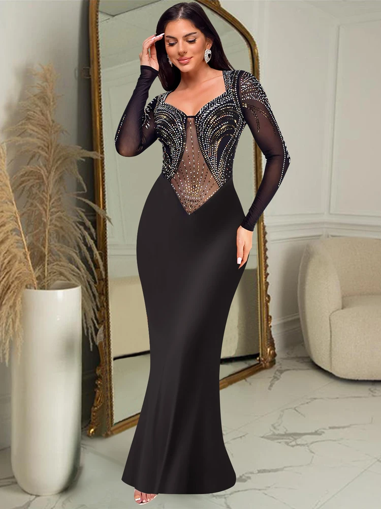 Solid Color Hot Diamond Party Dresses 2024 Women Long Sleeved See Through Women's Clothing Elegant High Waisted Evening Dress