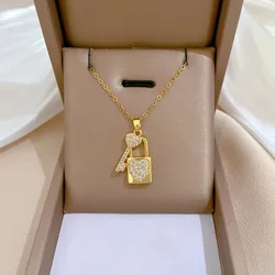 Original Design Luxury Zircon Full Lock and Key Pendant Necklace for Women Charm Gold Color Stainless Steel Chokers Jewelry Gift