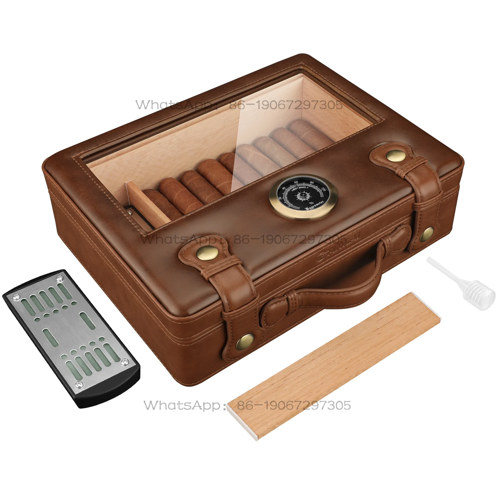 Cigar Travel Humidor Box with Glass Top,Humidifier Hygrometer Gauge,Cigar Case Cedar Wood Lining Up To 50pcs