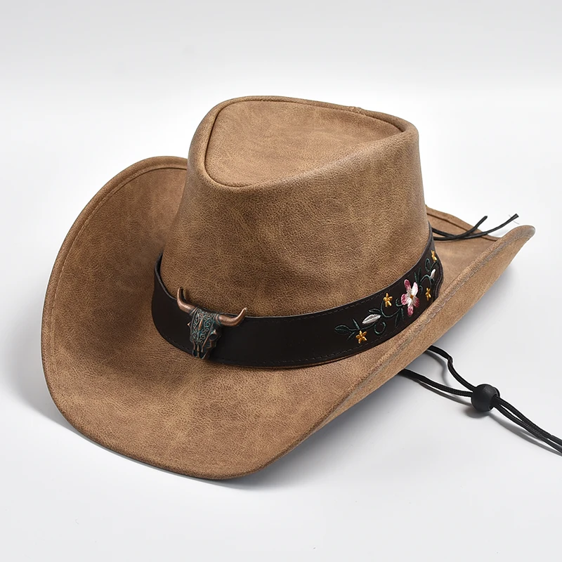 New 100% Leather Western Cowboy Hat Men Wide Brim Gentleman Church Jazz Cap Cowgirl Hats Sombrero Hombre