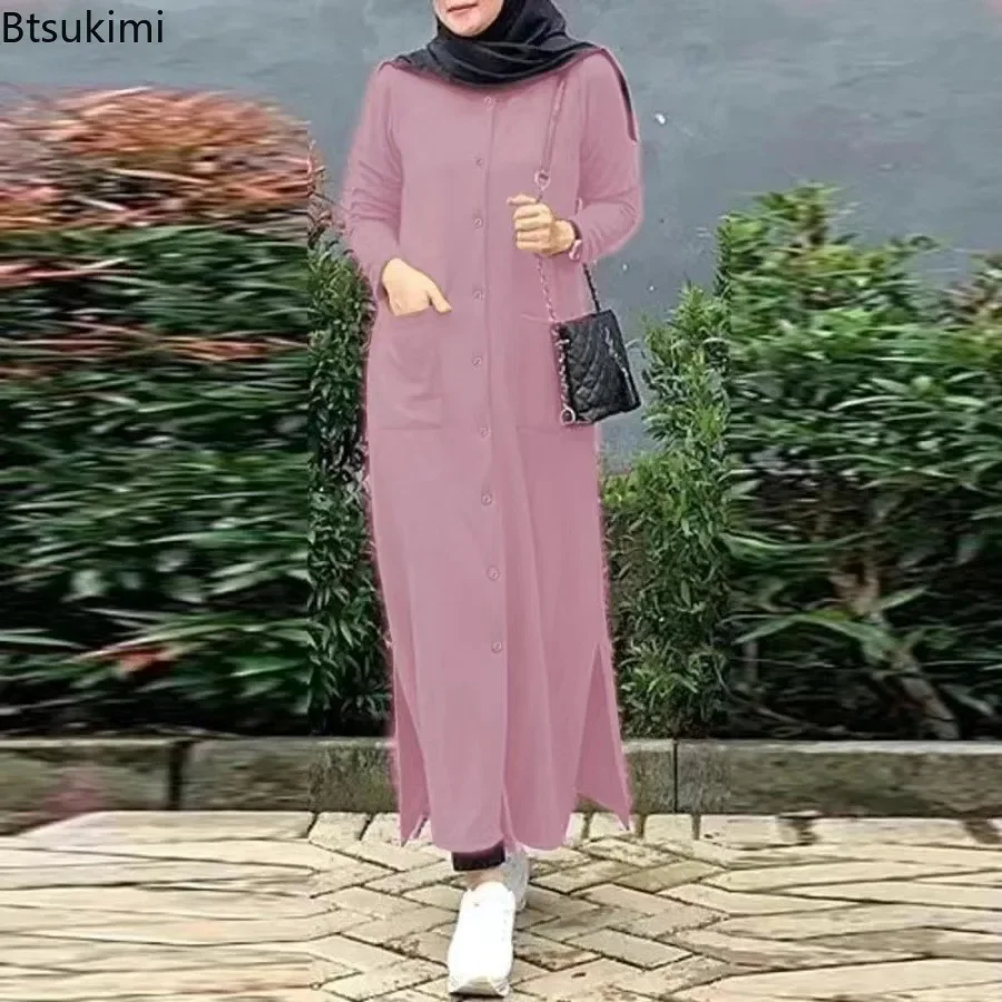 2025, Vintage-langes Kleid für Frauen, muslimisches Abaya, Hajib, langärmelig, O-Ausschnitt, Hemdkleid, Damen, lässiges Maxikleid, arabische bescheidene Robe