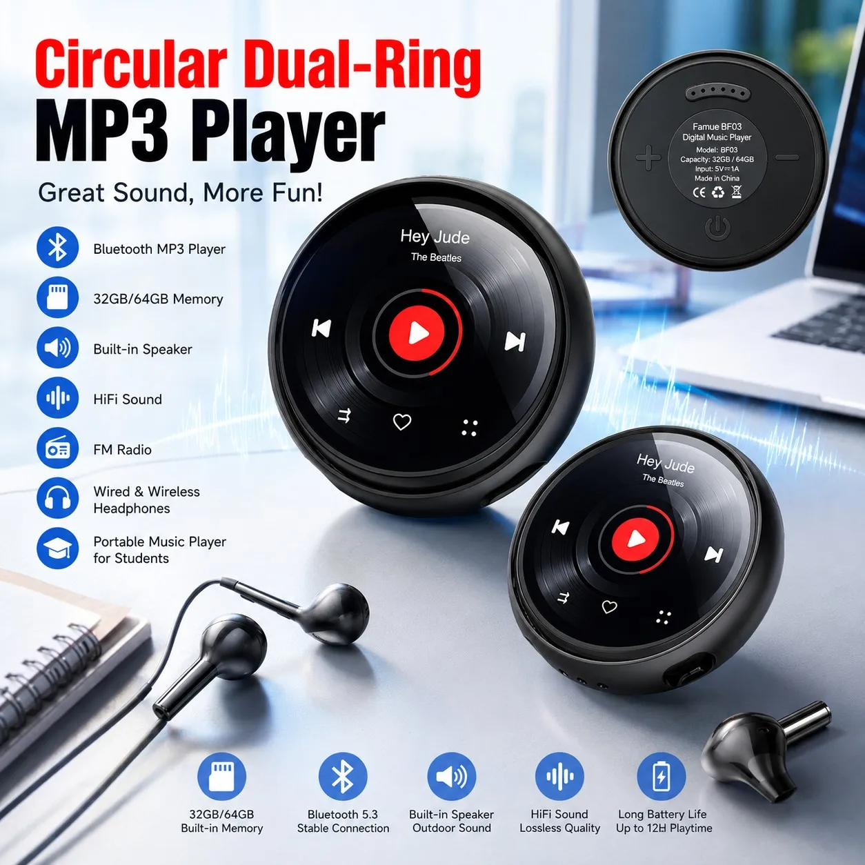 Fidget-Spielzeug MP3-Player zur Stresslinderung, Dual-Ring, Bluetooth 5.3, tragbarer Musikplayer, Vinyl-Bildschirm, Sprachrekorder, 32 GB, Wecker