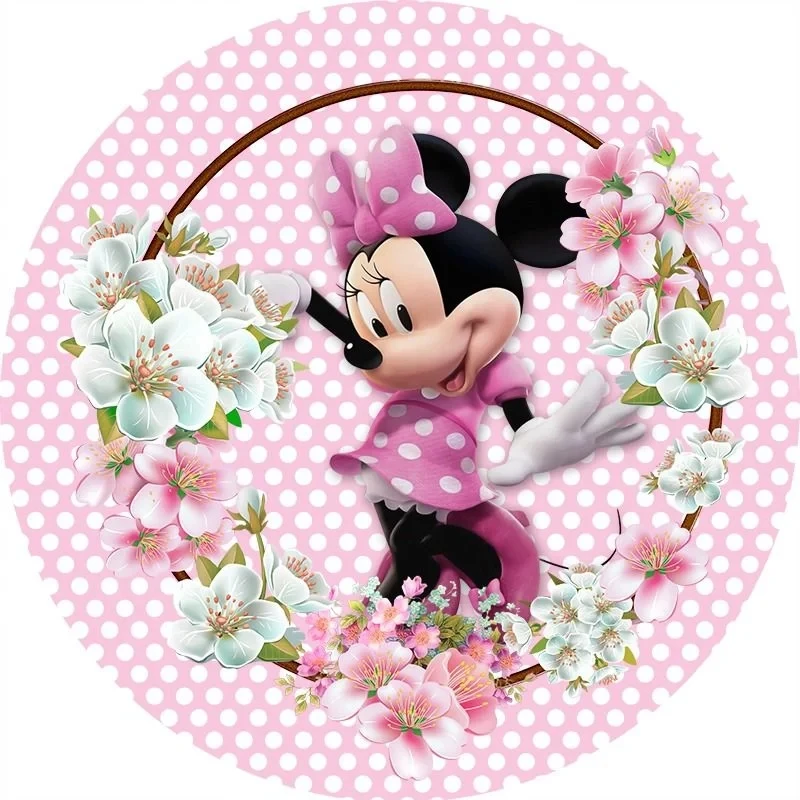 Pink Flower Minnie Round Backdrop Cover Customize Bow Princess Girl Birthday Party Decoration Supplies Cake Table Plinth Covers