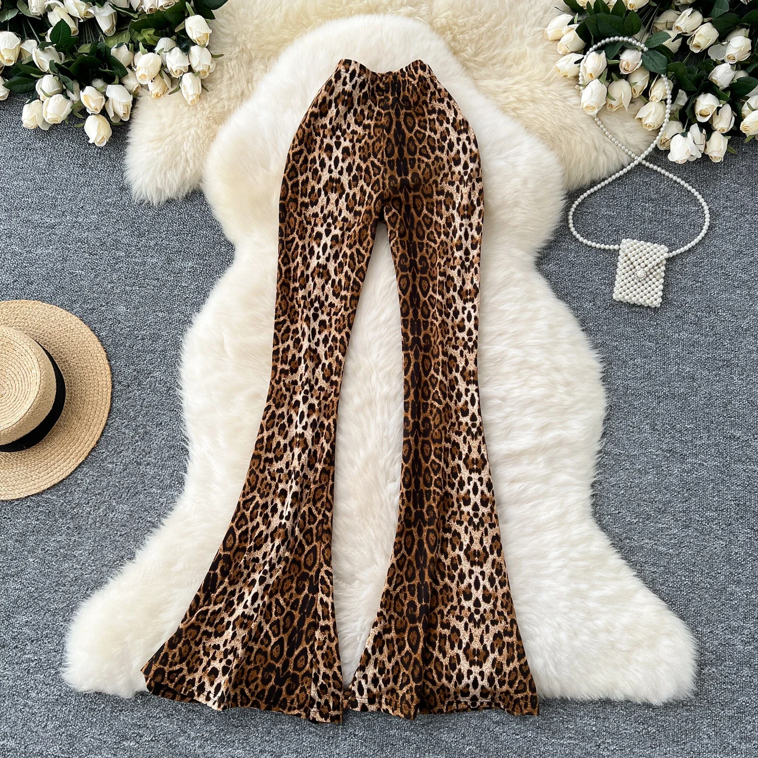 Casual Leopard vita alta Vintage donna Basics eleganti pantaloni svasati coreano High Street Office Lady Slim primavera autunno abbigliamento