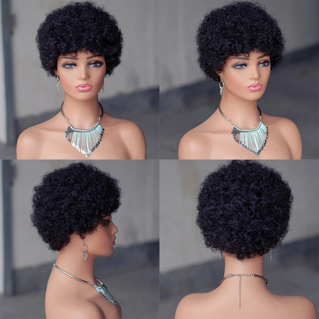 Fofo remy curto afro kinky encaracolado onda peruca de cabelo humano com franja grossa curto bob peruca brasileira perucas de cabelo humano para preto