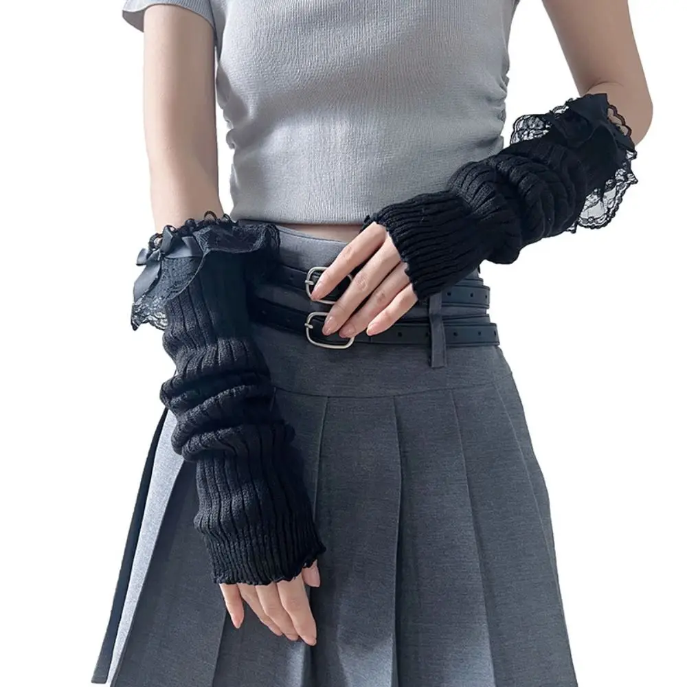 Simple Solid Color Bow Knitted Gloves Lace Y2k Arm Warmers Gothic Thermal Wool Sleeve Cuff Ladies