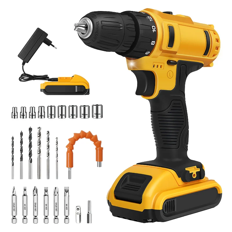 Cordless Power Drill Driver Set 21V Electric Screwdriver Driver Tool Kit with Battery, Charger and Storage Box Included