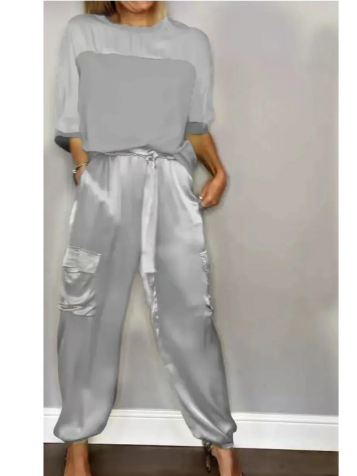 Spring Summer  Color Block Smooth Satin Half Sleeve Loose Long Pants Casual Sport Two Piece Set round Neck Short Sleeve image 2