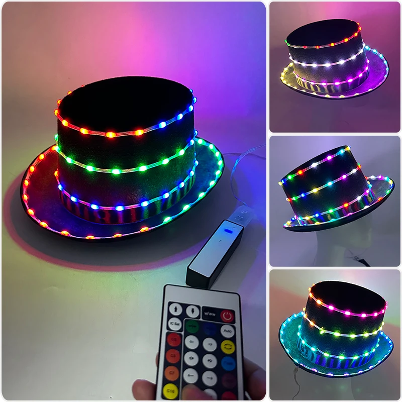 

New Full Color LED Glow Jazz Dance Hat Dance Costume Props LED Luminous Colorful Fedora Hat Nightclub Disco Glow Party Hat