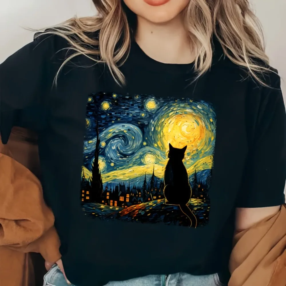 Women Round Neck T-Shirt Van Gogh Starry Night Perfect Gift for Cat Lovers Fashionable Print Urban Style Printed T-Shirt Trendy