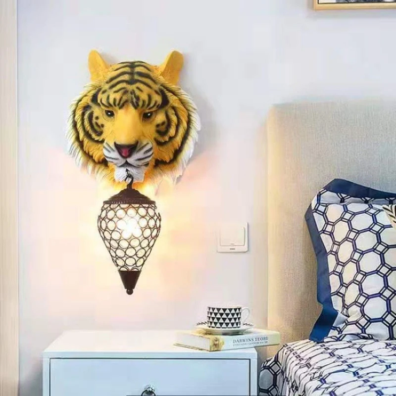 

Simulation Tiger Head Wall Lamp Living Room Office Animal Head Bathroom Art Decorative Wall Light Bar Stairs Aisle Decor Sconce