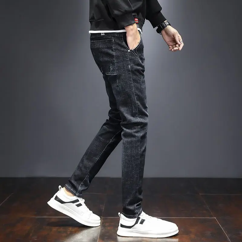 Spring Summer Men's Slim Fashionable Mid Waist Jeans Trend All-match Casual Elastic Solid Color Pencil Trousers Male Clothes