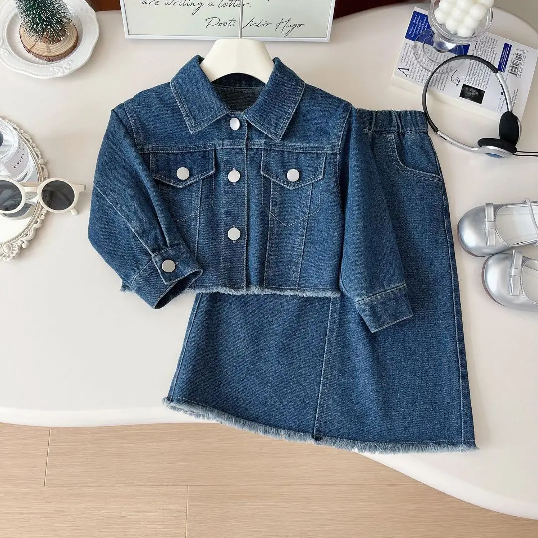 

girls set Spring and Autumn 2024 New Children's Handsome Clothes Trendy Baby Autumn Fashion Cowboy Two Piece Set Kids Outfits