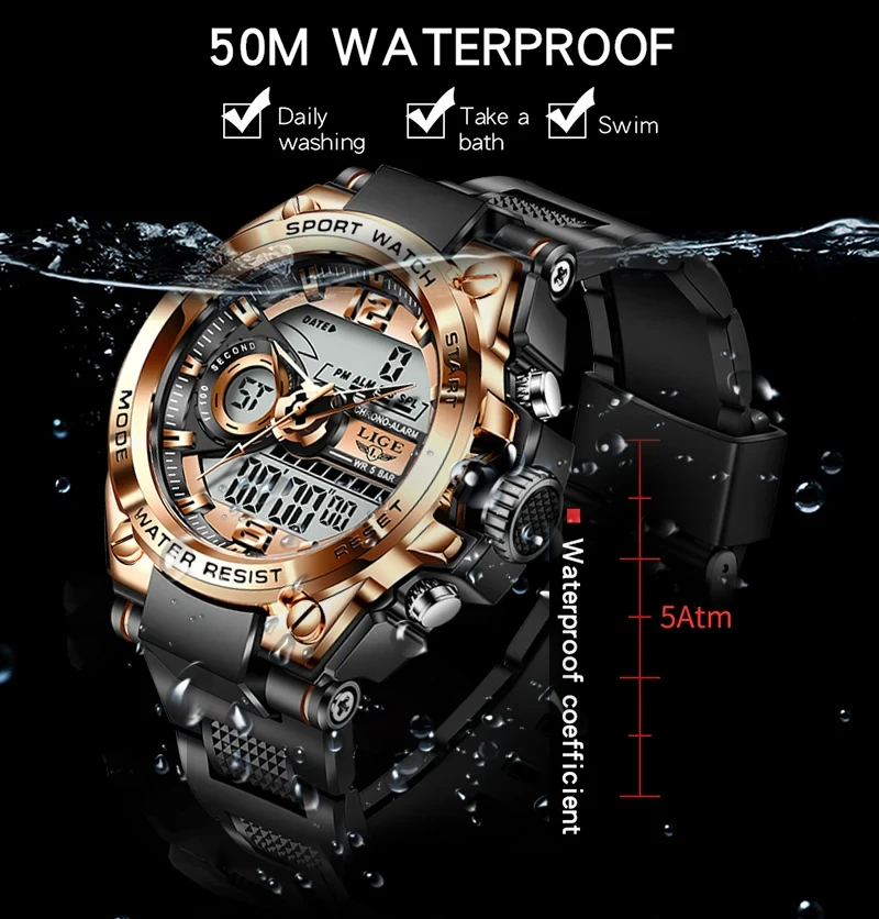 LIGE Men Military Watch Digital 50m Waterproof Wristwatch LED Quartz Clock Sport Watch Male Big Watches Men Relogios Masculino