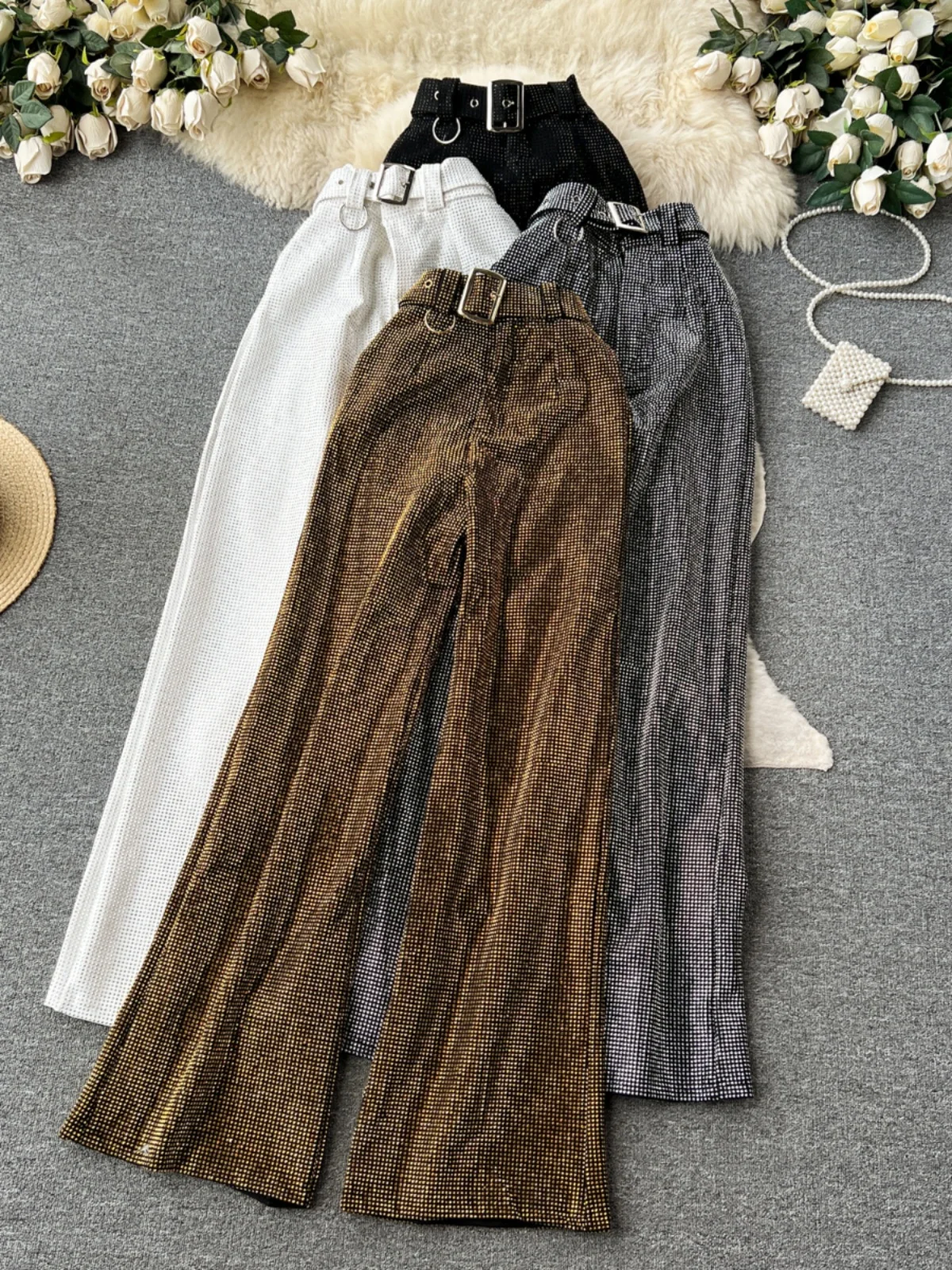 Vintage Flared Long Pants Women's Loose Fitting Slimming Drapey Wide Leg Floor Length Diamond Embellished Casual Trousers