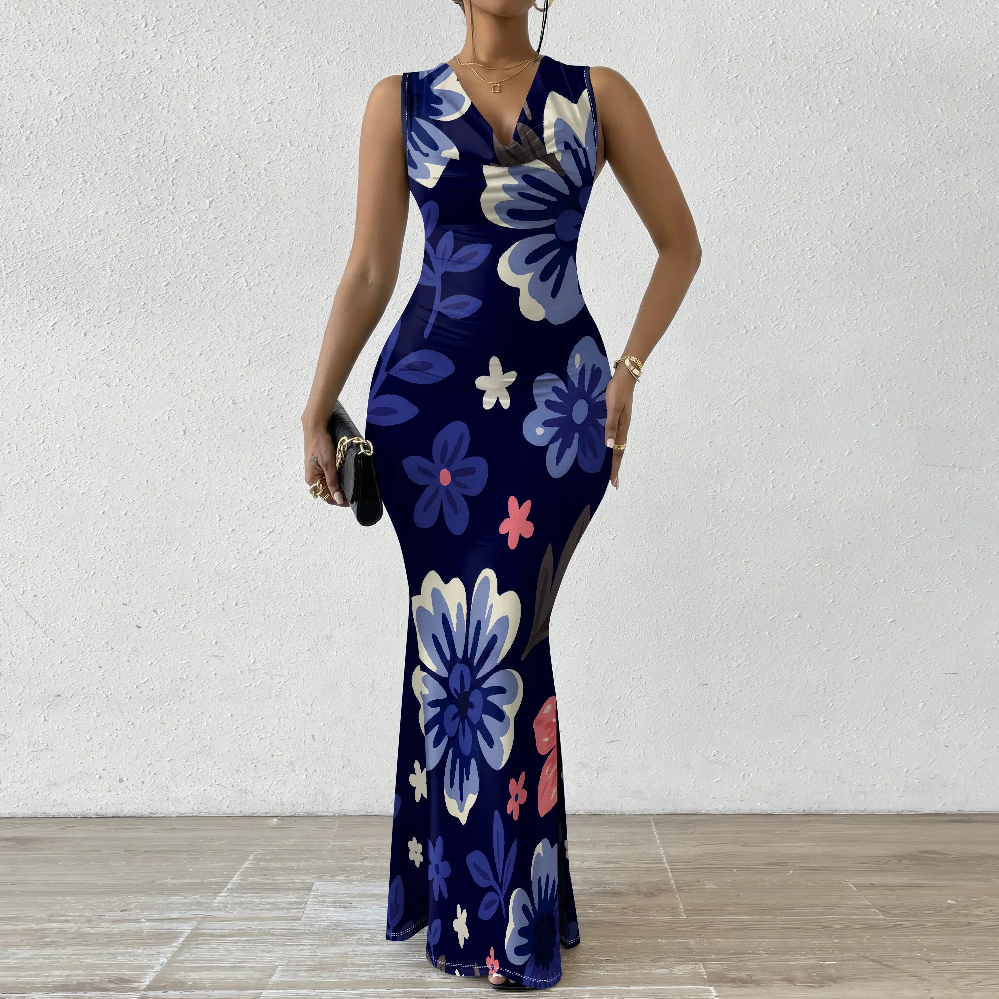 

Women's V-Neck Bodycon Maxi Dress Sleeveless Floral Print Long Dress Elegant Mermaid Evening Party Dress XS-2XL