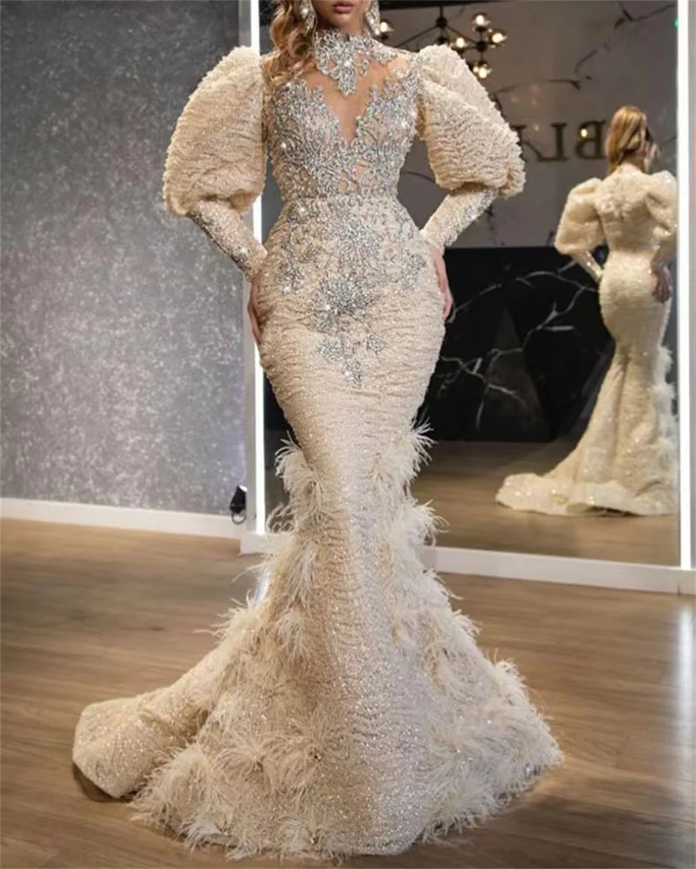 

Luxury Beaded Lace Mermaid Dress Long Sleeve Feathered Ladies Formal Occasion Evening Dresses Birthday Party Dresses Floor Lengt