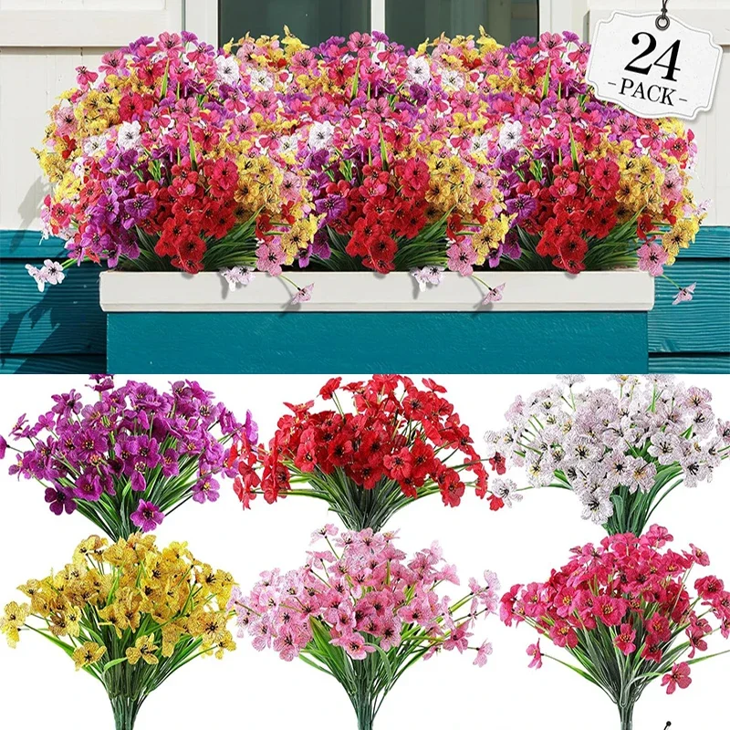 60 Bundles Artificial Flowers for Outdoor No Fade Fake Plastic Outside Flowers Faux Plants for Decoration Hanging Planters