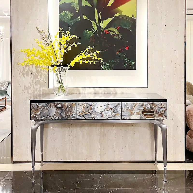 Italian light luxury natural agate porch cabinet designer decorative strip case desk
